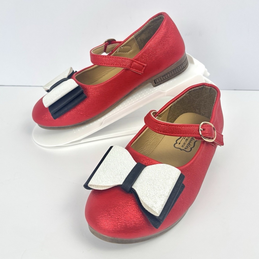 Pipperdoodles Shimmer Red Dress Shoes White Black Bow Gold Buckle EU 35  US 3